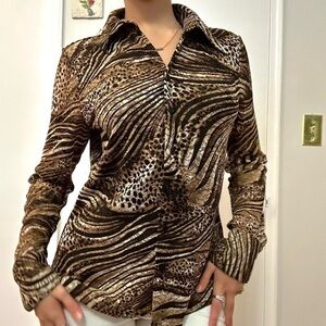 Jessica Blouse Leopard Print Button Up Size Large